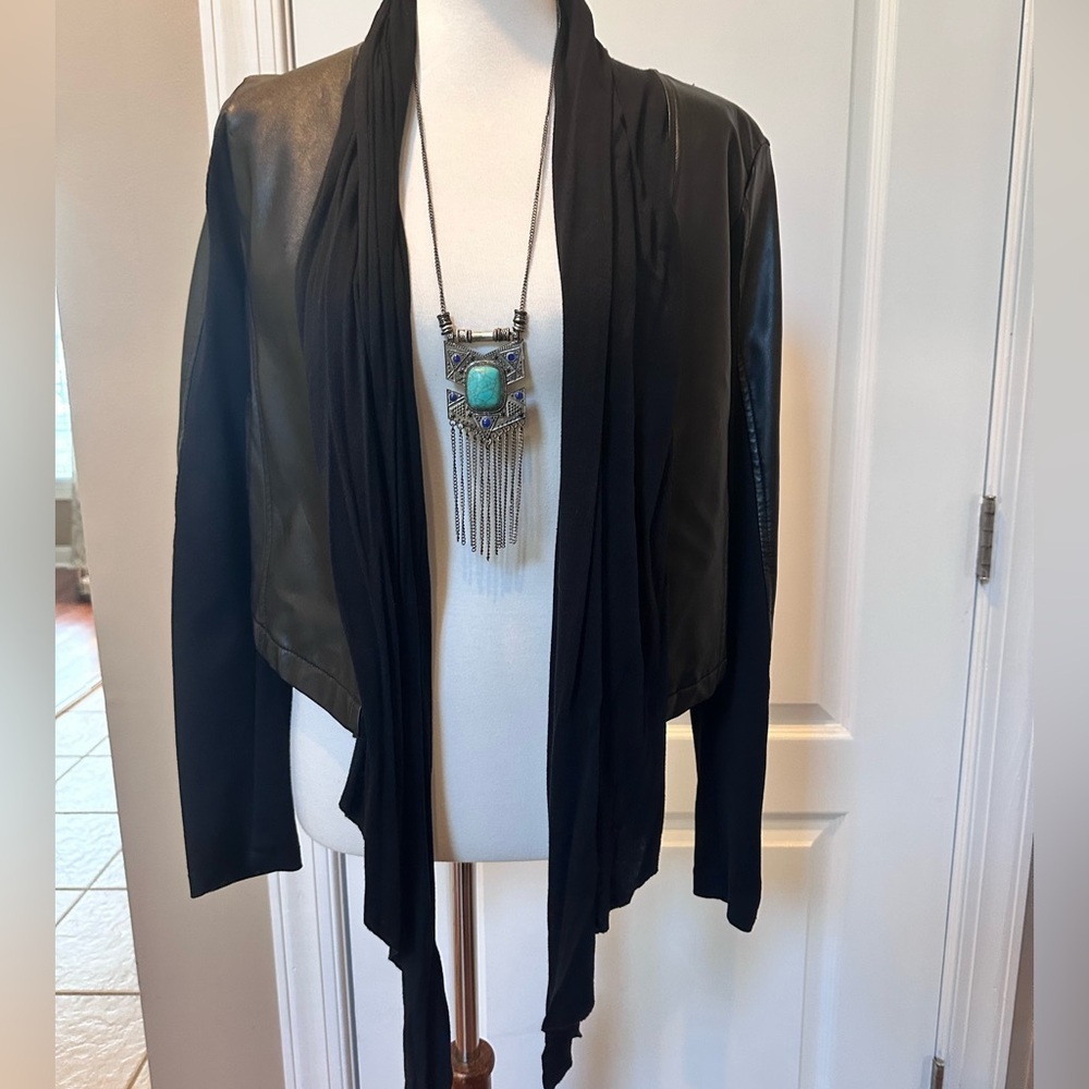 Faux Leather Cropped Jacket with Scarf Detail – Stylish & Versatile
